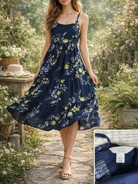Time and Tru Floral Sundress Women's L L 12-14 Navy Lemon Print Tie Back Straps